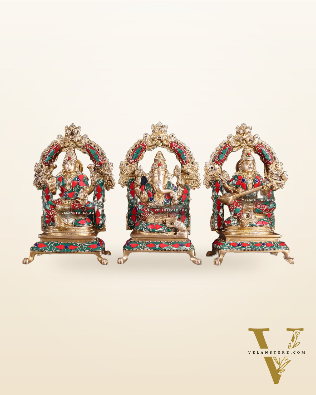 Pure Brass Ganesha, Lakshmi, Saraswati Idol Set | floral Stonework 8"