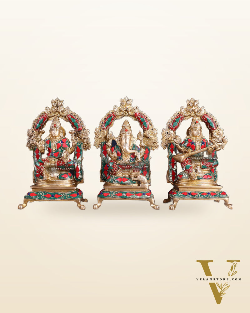 Pure Brass Ganesha, Lakshmi, Saraswati Idol Set | floral Stonework 8"
