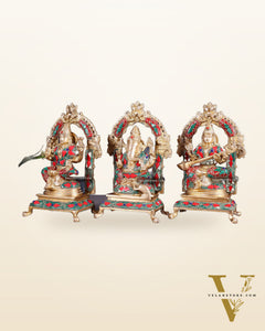 Pure Brass Ganesha, Lakshmi, Saraswati Idol Set | floral Stonework 8"