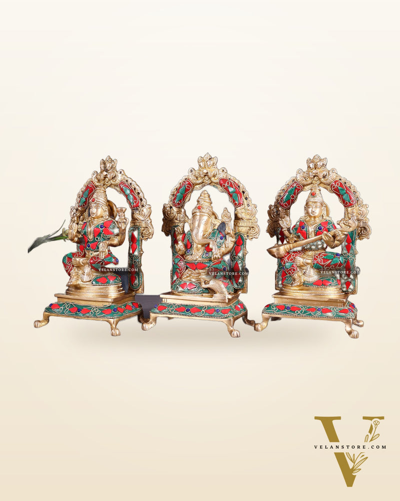 Pure Brass Ganesha, Lakshmi, Saraswati Idol Set | floral Stonework 8"