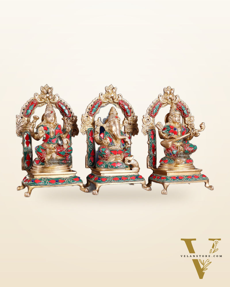 Pure Brass Ganesha, Lakshmi, Saraswati Idol Set | floral Stonework 8"