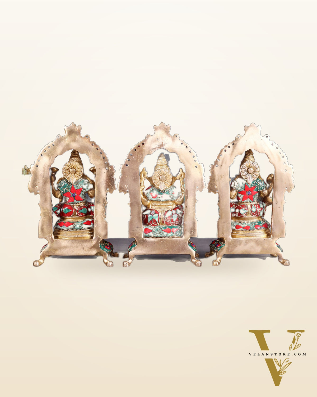 Pure Brass Ganesha, Lakshmi, Saraswati Idol Set | floral Stonework 8"