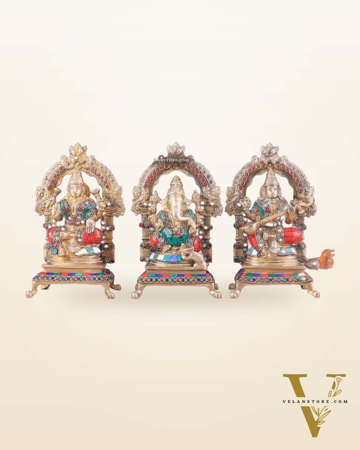 Pure Brass Ganesha, Lakshmi, Saraswati Idol Set | Meenakari Stonework 8"