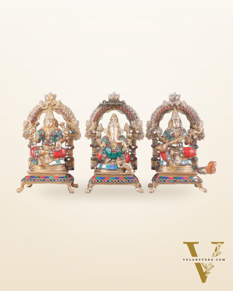 Pure Brass Ganesha, Lakshmi, Saraswati Idol Set | Meenakari Stonework 8"