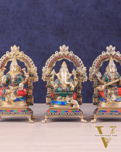 Pure Brass Ganesha, Lakshmi, Saraswati Idol Set | Meenakari Stonework 8"