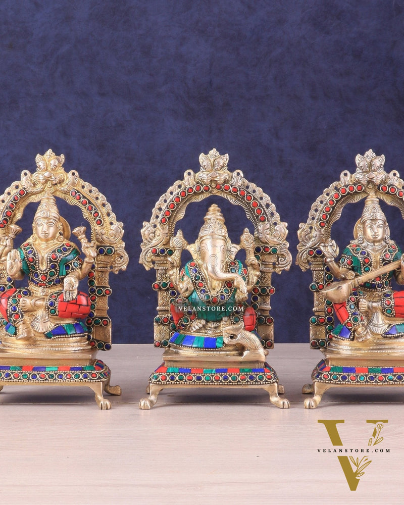 Pure Brass Ganesha, Lakshmi, Saraswati Idol Set | Meenakari Stonework 8"