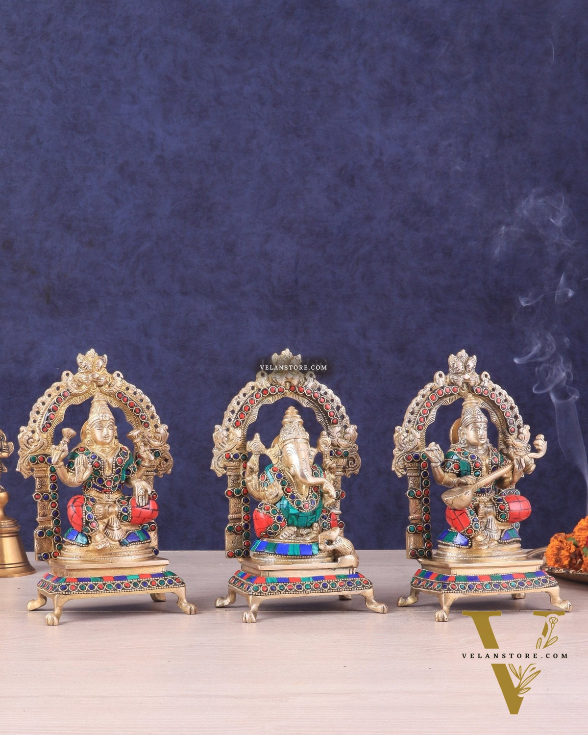Pure Brass Ganesha, Lakshmi, Saraswati Idol Set | Meenakari Stonework 8"