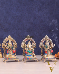 Pure Brass Ganesha, Lakshmi, Saraswati Idol Set | Meenakari Stonework 8"