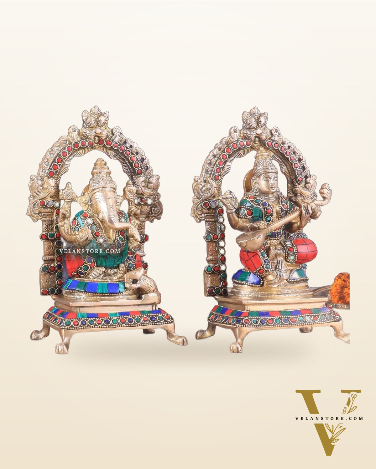 Pure Brass Ganesha, Lakshmi, Saraswati Idol Set | Meenakari Stonework 8"