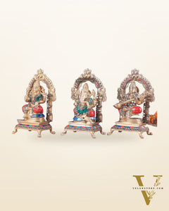 Pure Brass Ganesha, Lakshmi, Saraswati Idol Set | Meenakari Stonework 8"