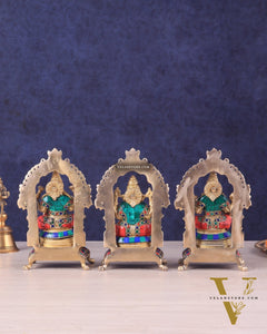 Pure Brass Ganesha, Lakshmi, Saraswati Idol Set | Meenakari Stonework 8"