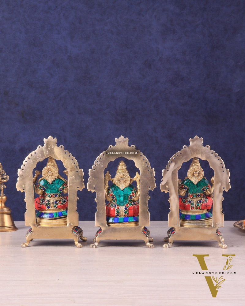 Pure Brass Ganesha, Lakshmi, Saraswati Idol Set | Meenakari Stonework 8"