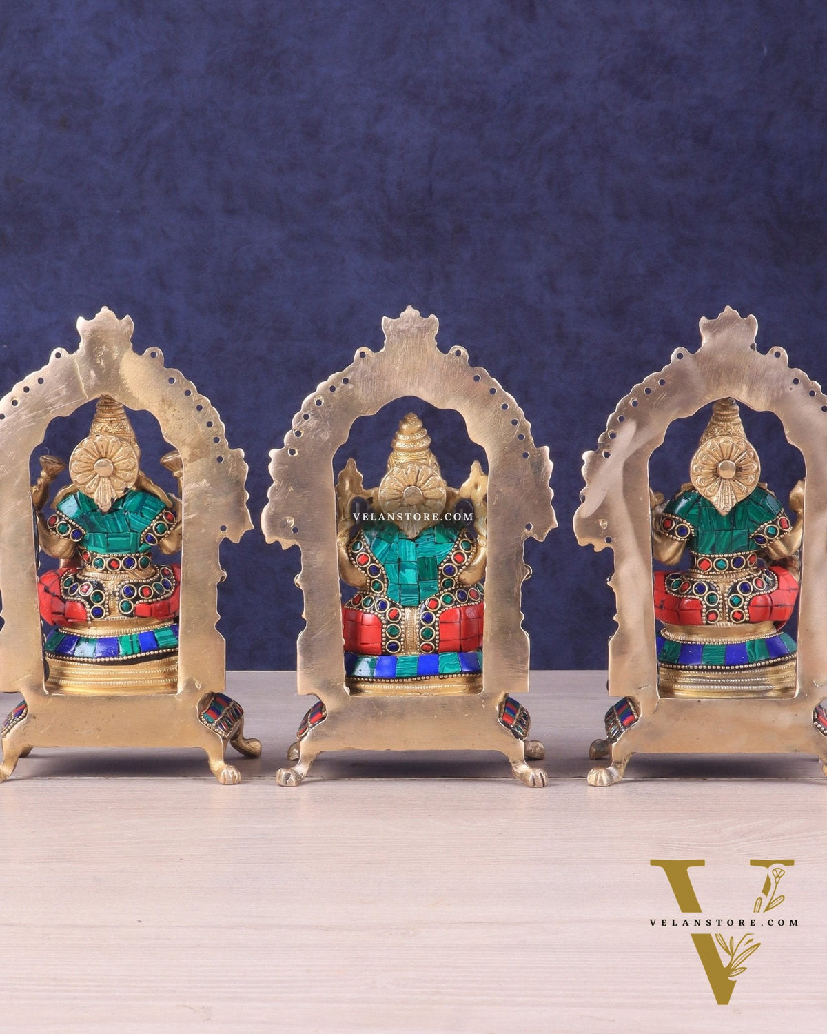 Pure Brass Ganesha, Lakshmi, Saraswati Idol Set | Meenakari Stonework 8"