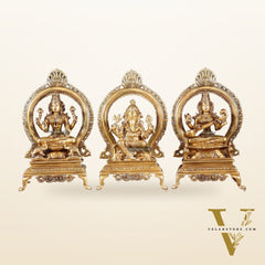 Pure Brass Ganesha, Lakshmi & Saraswati Idol Set with Prabhavali Frames 13"