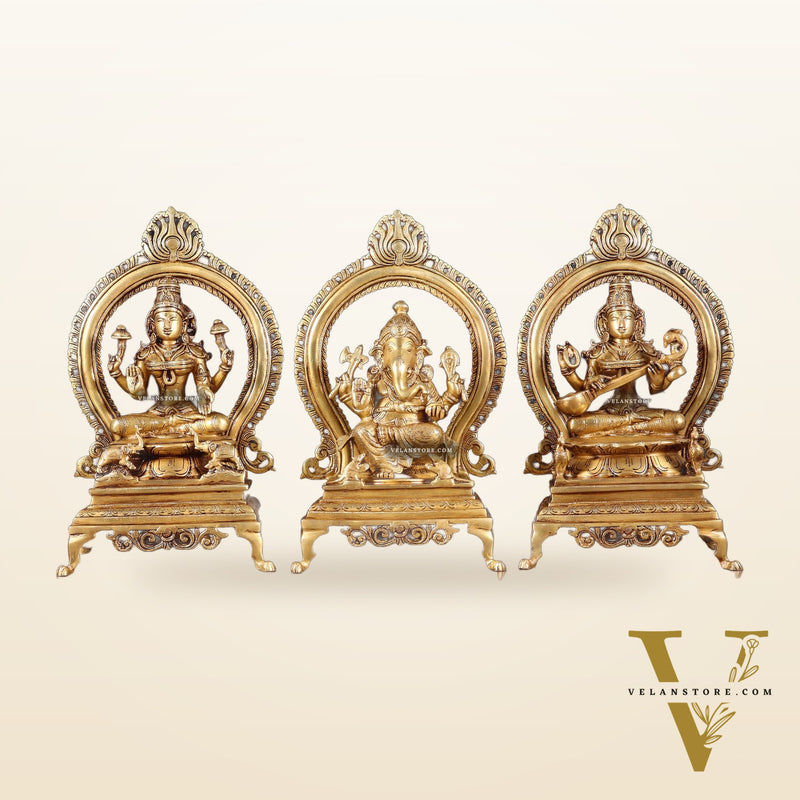 Pure Brass Ganesha, Lakshmi & Saraswati Idol Set with Prabhavali Frames 13"