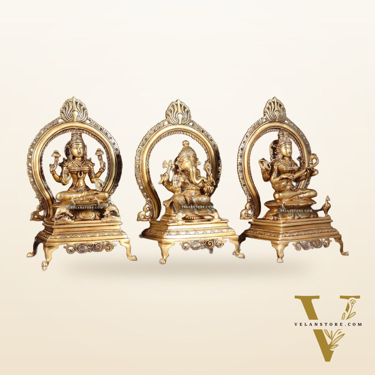 Pure Brass Ganesha, Lakshmi & Saraswati Idol Set with Prabhavali Frames 13"