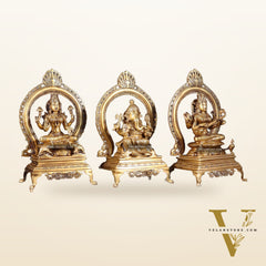 Pure Brass Ganesha, Lakshmi & Saraswati Idol Set with Prabhavali Frames 13"