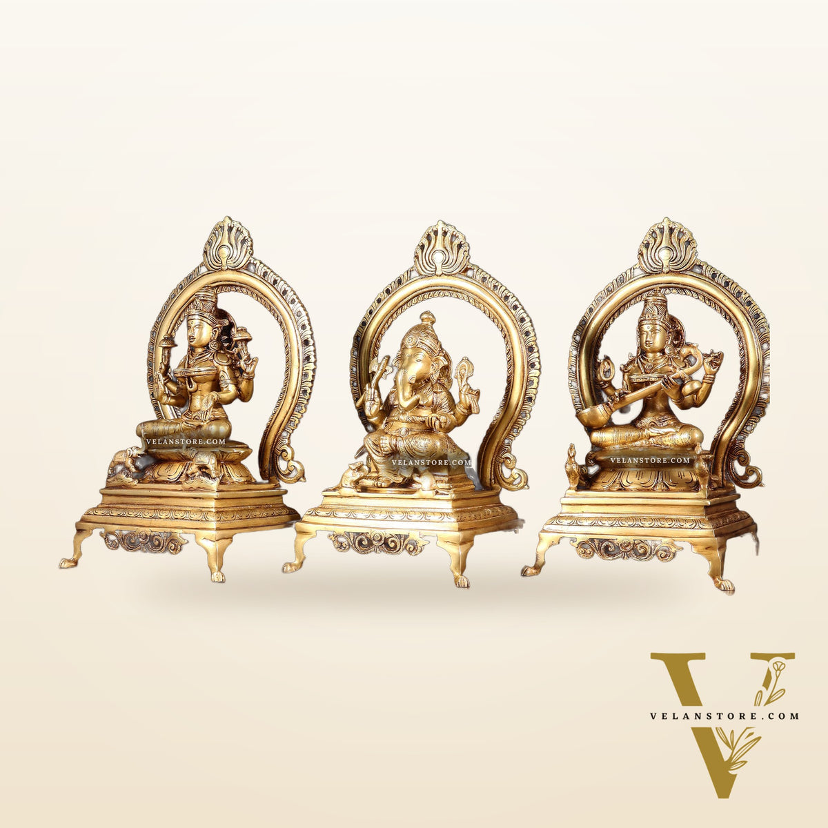 Pure Brass Ganesha, Lakshmi & Saraswati Idol Set with Prabhavali Frames 13"