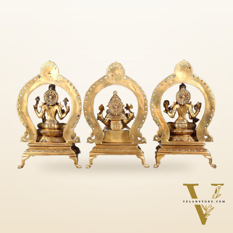 Pure Brass Ganesha, Lakshmi & Saraswati Idol Set with Prabhavali Frames 13"