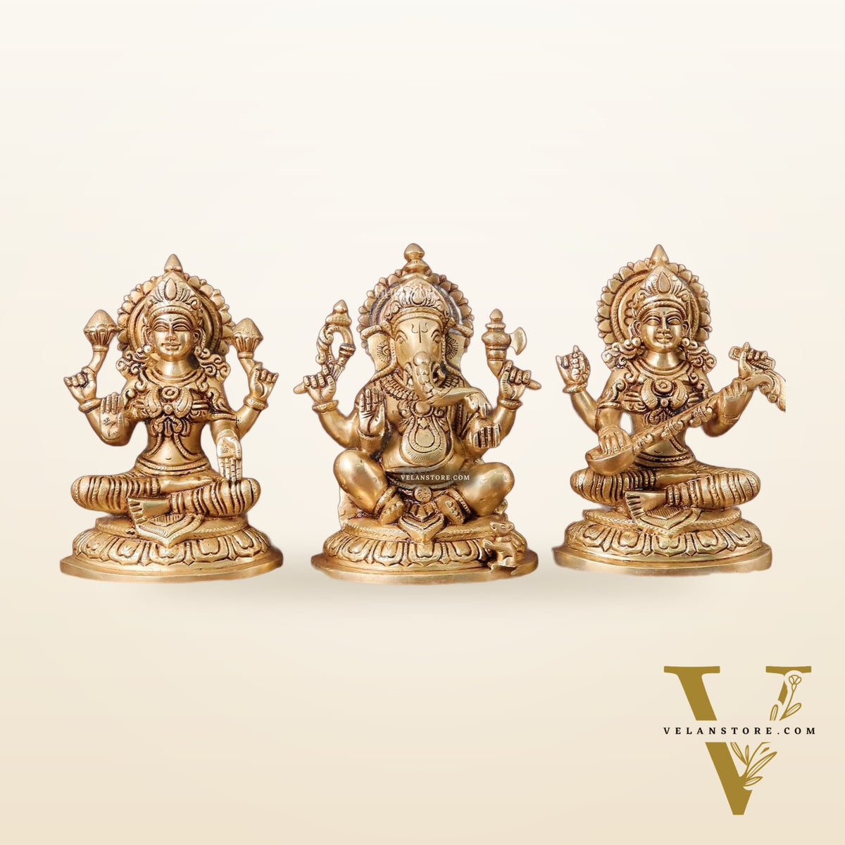 Pure Brass Ganesha, Lakshmi, Saraswati Idols Set of Three - 7.5"