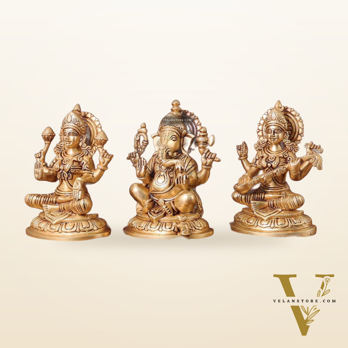 Pure Brass Ganesha, Lakshmi, Saraswati Idols Set of Three - 7.5"