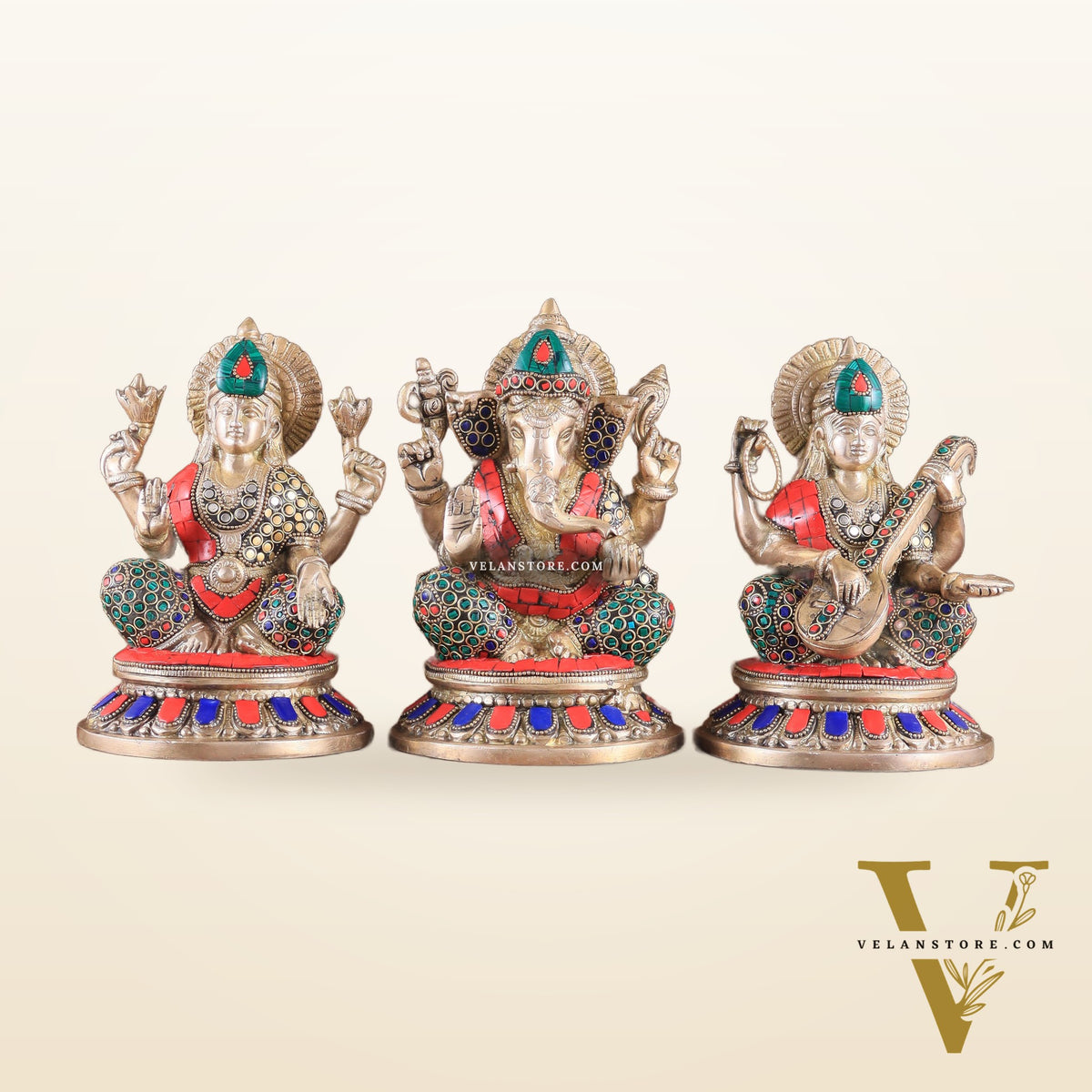 Pure Brass Ganesha, Lakshmi, Saraswati Idols with Stonework 8"