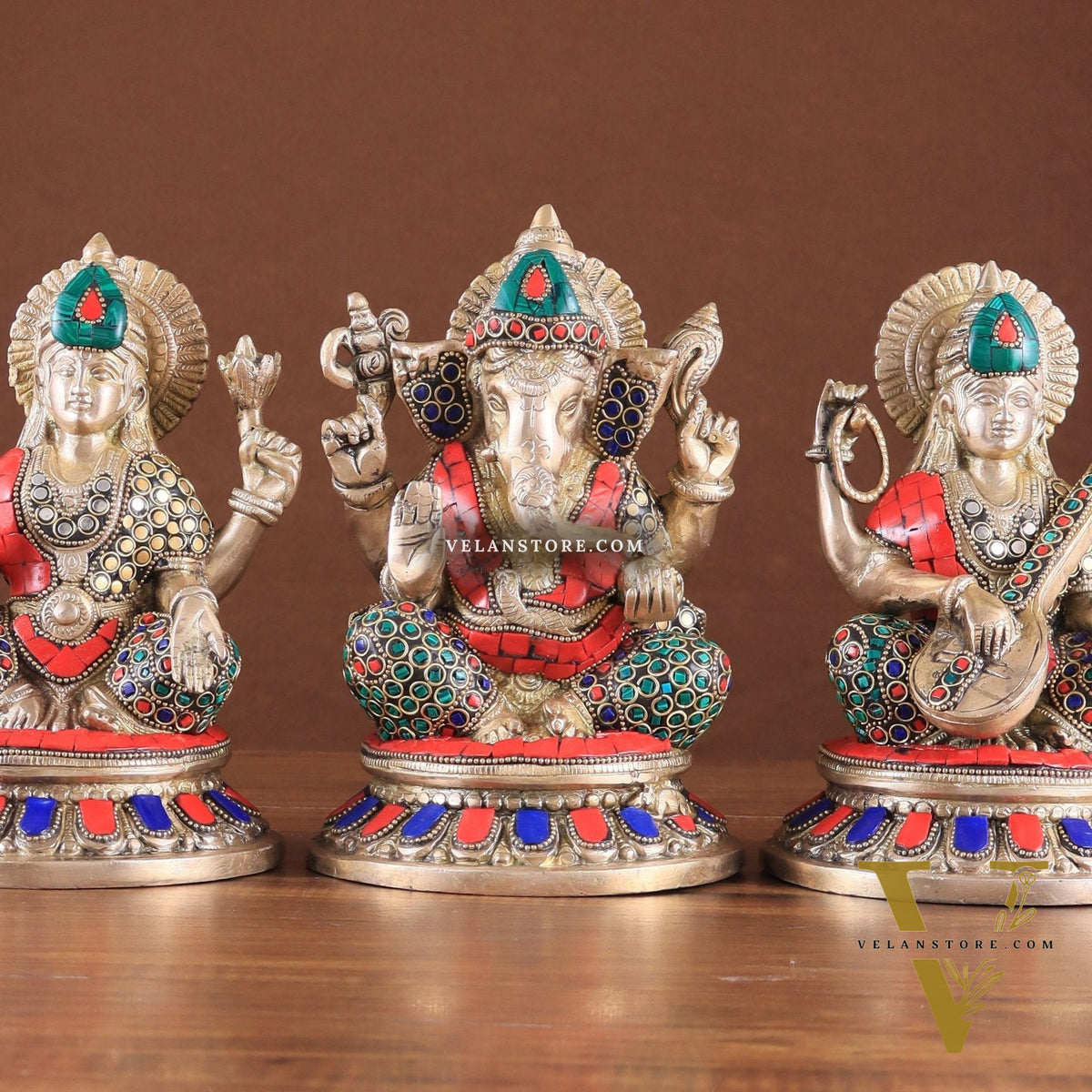 Pure Brass Ganesha, Lakshmi, Saraswati Idols with Stonework 8"