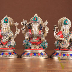 Pure Brass Ganesha, Lakshmi, Saraswati Idols with Stonework 8"