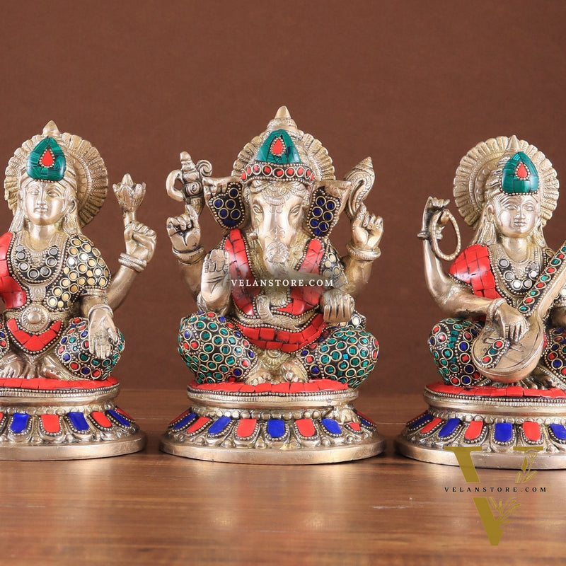Pure Brass Ganesha, Lakshmi, Saraswati Idols with Stonework 8"