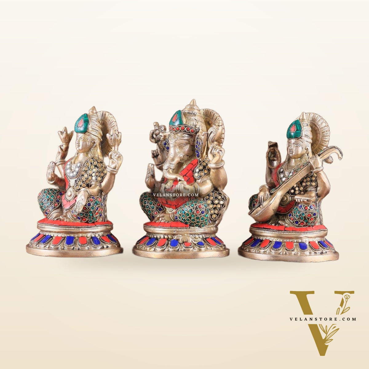Pure Brass Ganesha, Lakshmi, Saraswati Idols with Stonework 8"