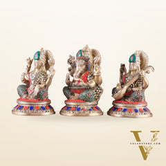 Pure Brass Ganesha, Lakshmi, Saraswati Idols with Stonework 8"