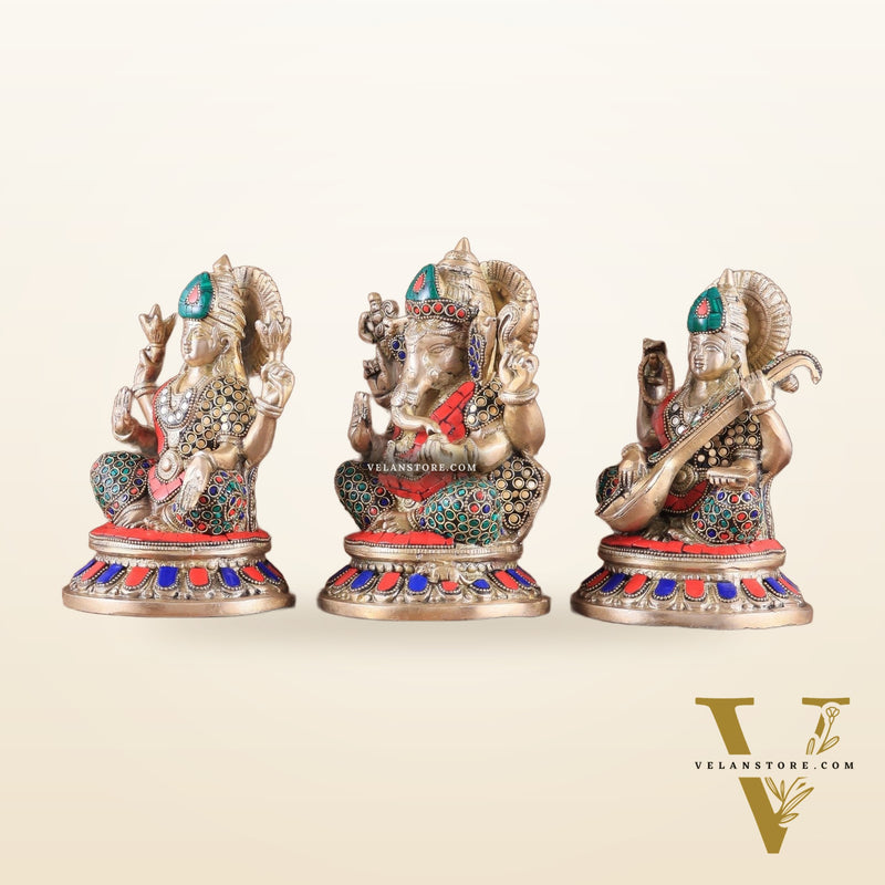 Pure Brass Ganesha, Lakshmi, Saraswati Idols with Stonework 8"