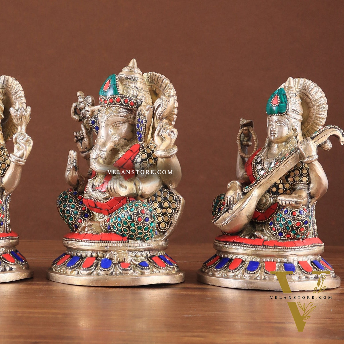 Pure Brass Ganesha, Lakshmi, Saraswati Idols with Stonework 8"