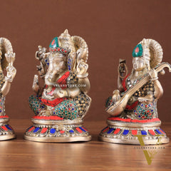 Pure Brass Ganesha, Lakshmi, Saraswati Idols with Stonework 8"