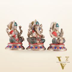 Pure Brass Ganesha, Lakshmi, Saraswati Idols with Stonework 8"