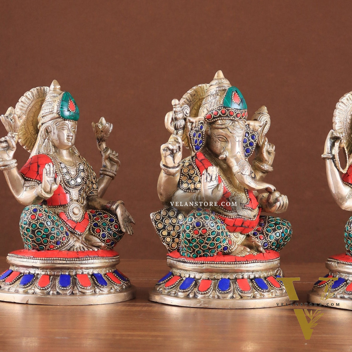 Pure Brass Ganesha, Lakshmi, Saraswati Idols with Stonework 8"