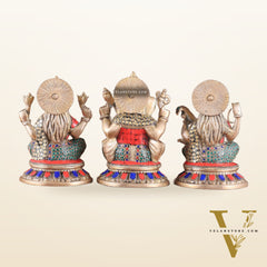 Pure Brass Ganesha, Lakshmi, Saraswati Idols with Stonework 8"