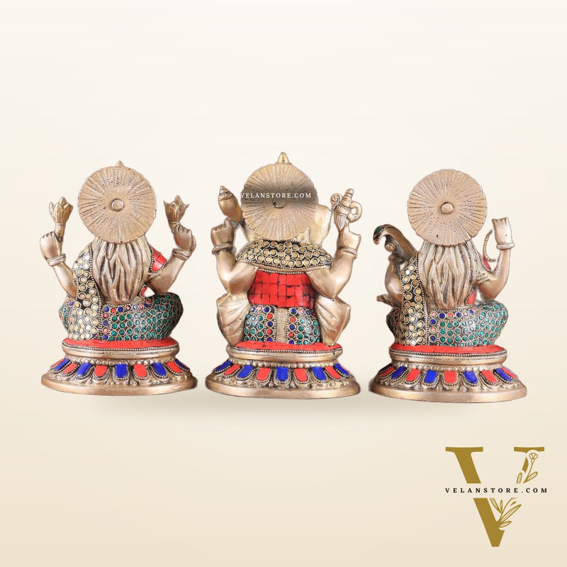 Pure Brass Ganesha, Lakshmi, Saraswati Idols with Stonework 8"