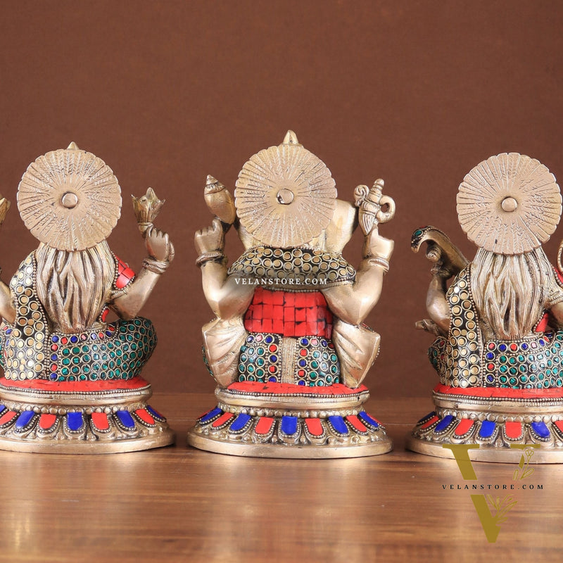 Pure Brass Ganesha, Lakshmi, Saraswati Idols with Stonework 8"