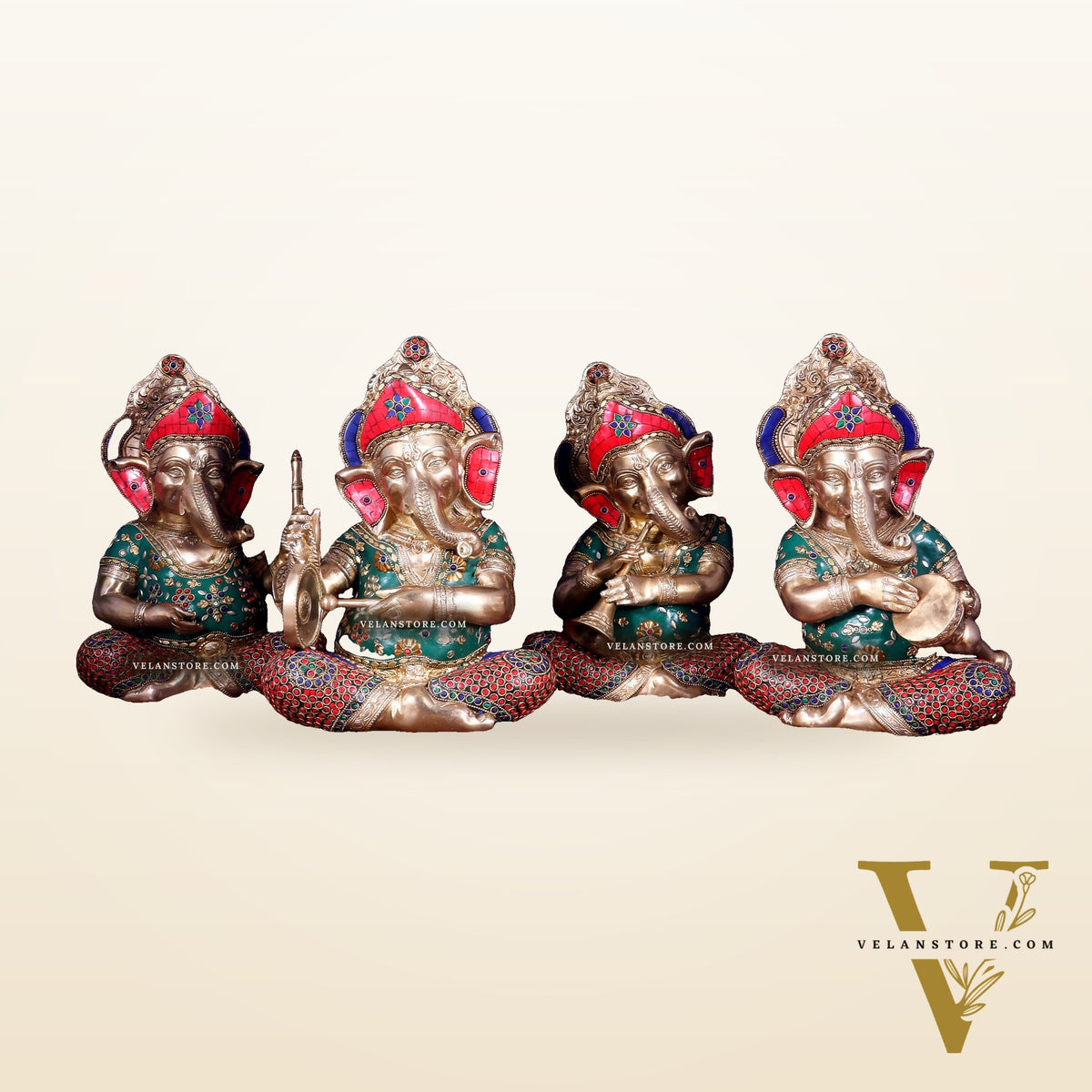 Pure Brass Ganesha Musical Set of Four 12.5 inch