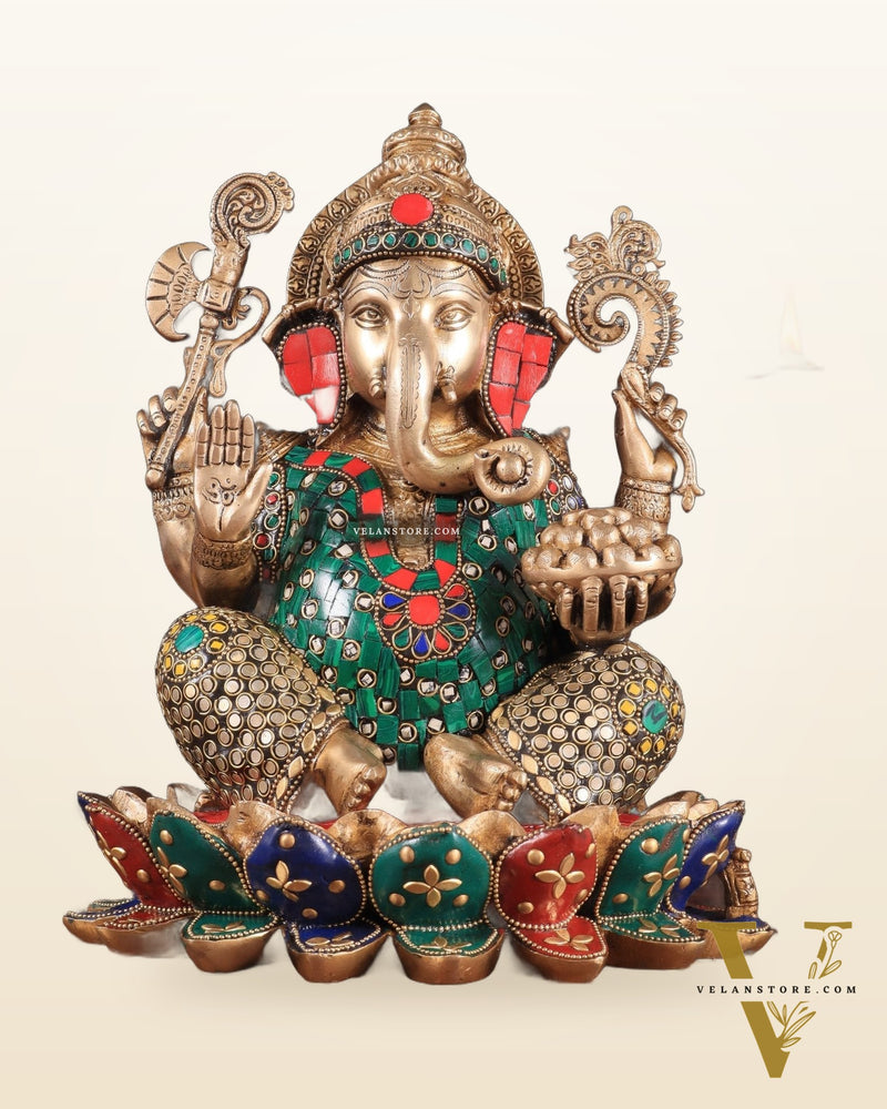 Pure Brass Ganesha on Lotus Idol 11 inch stonework