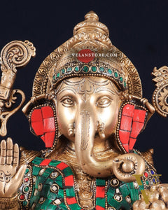 Pure Brass Ganesha on Lotus Idol 11 inch stonework