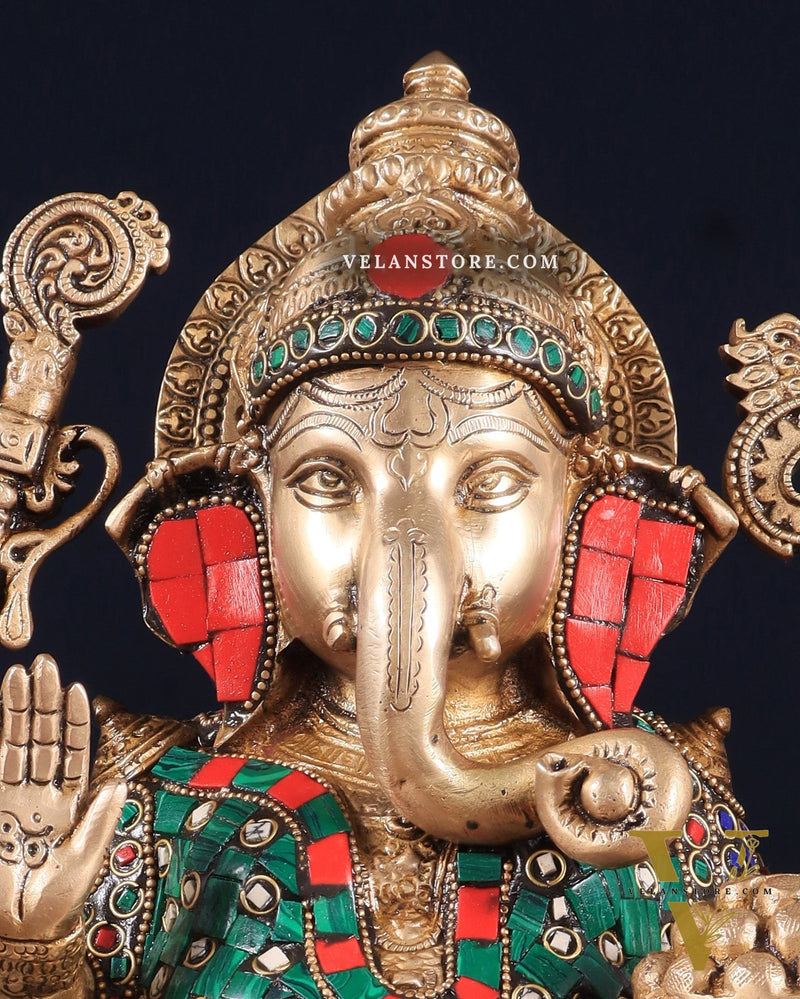 Pure Brass Ganesha on Lotus Idol 11 inch stonework