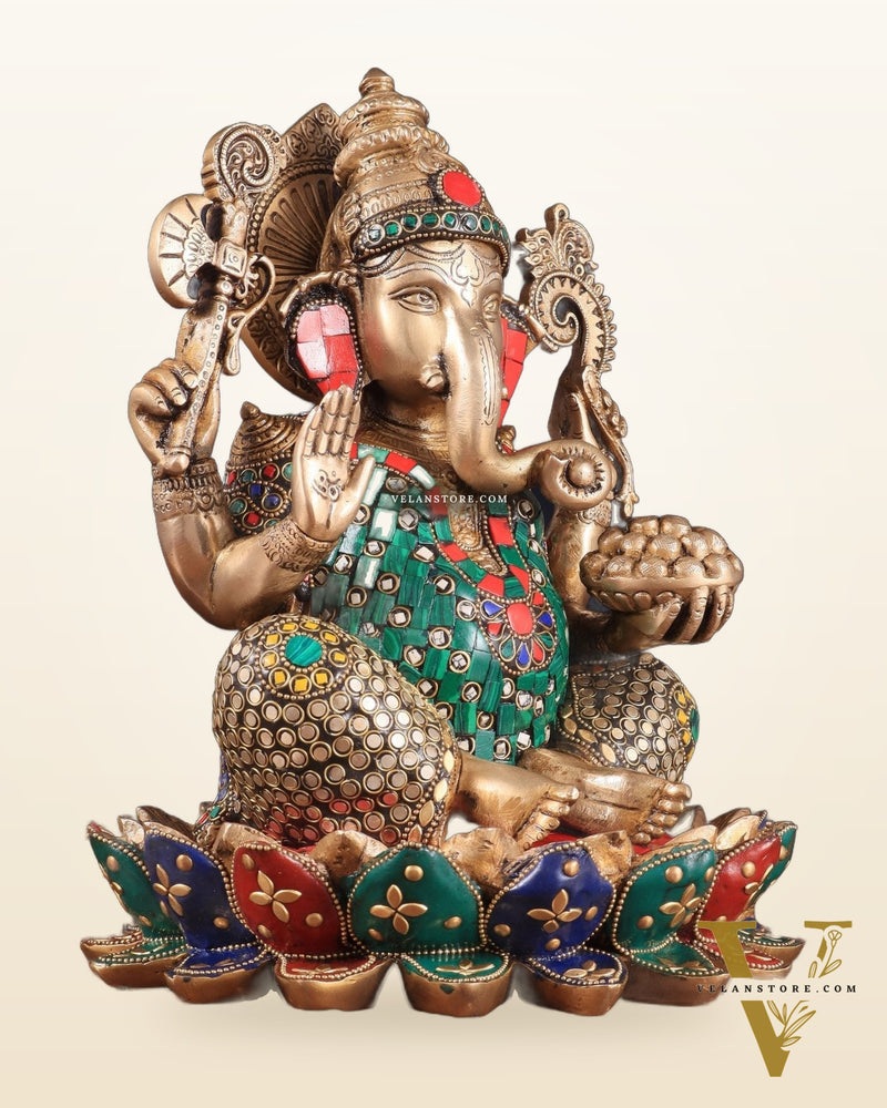 Pure Brass Ganesha on Lotus Idol 11 inch stonework