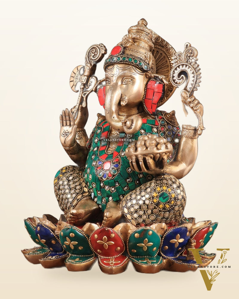 Pure Brass Ganesha on Lotus Idol 11 inch stonework