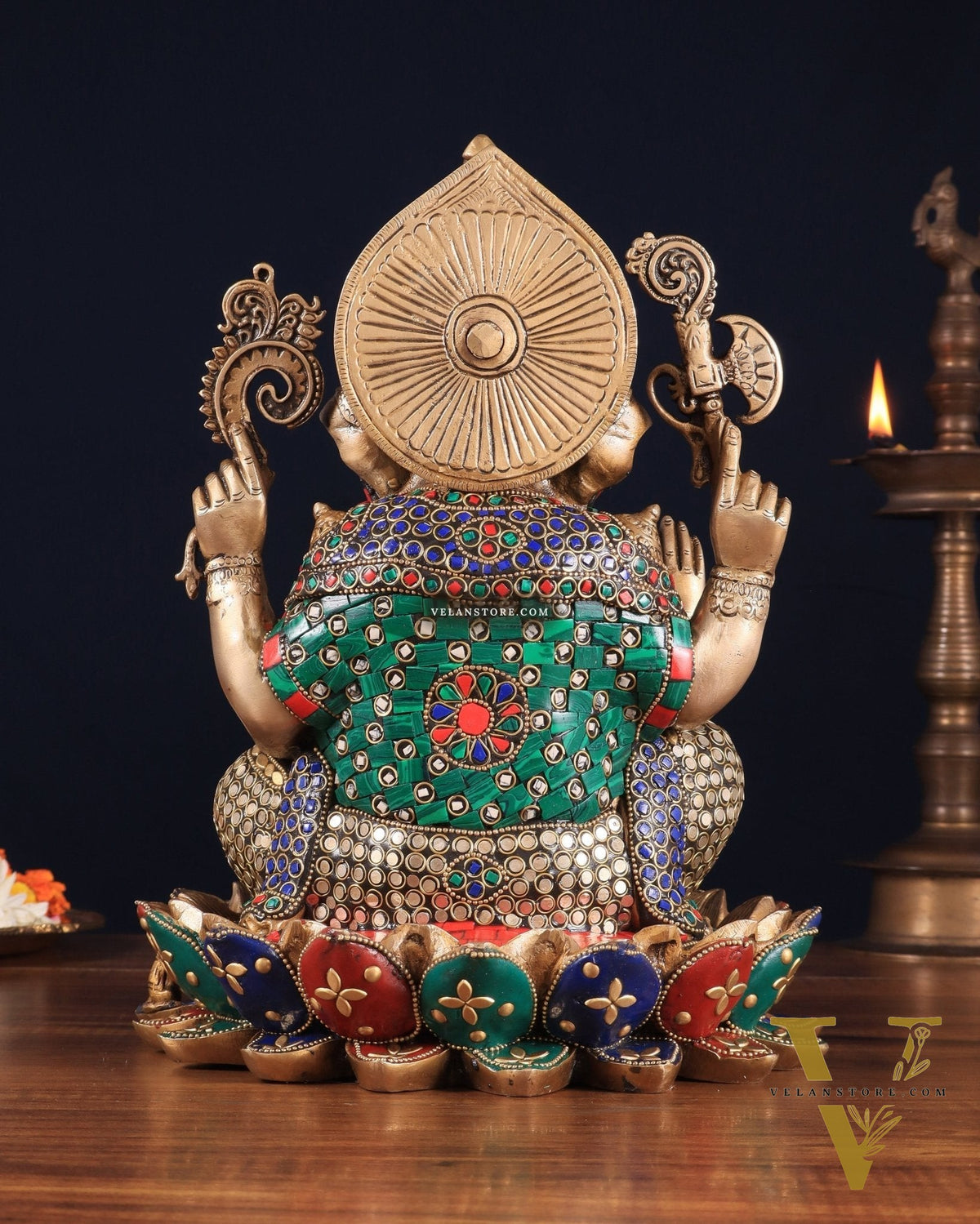 Pure Brass Ganesha on Lotus Idol 11 inch stonework
