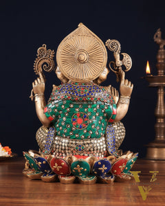 Pure Brass Ganesha on Lotus Idol 11 inch stonework