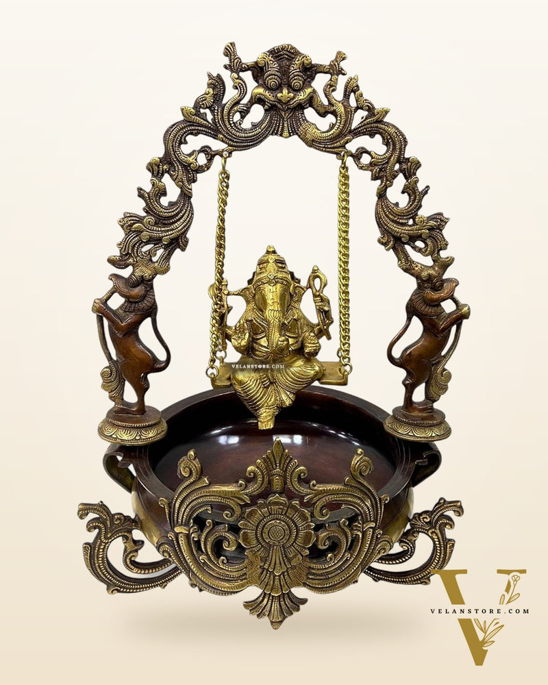 Pure Brass Ganesha on Swing Urli - 21 inch