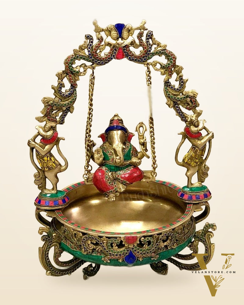 Pure Brass Ganesha on Swing Urli - 21 inch
