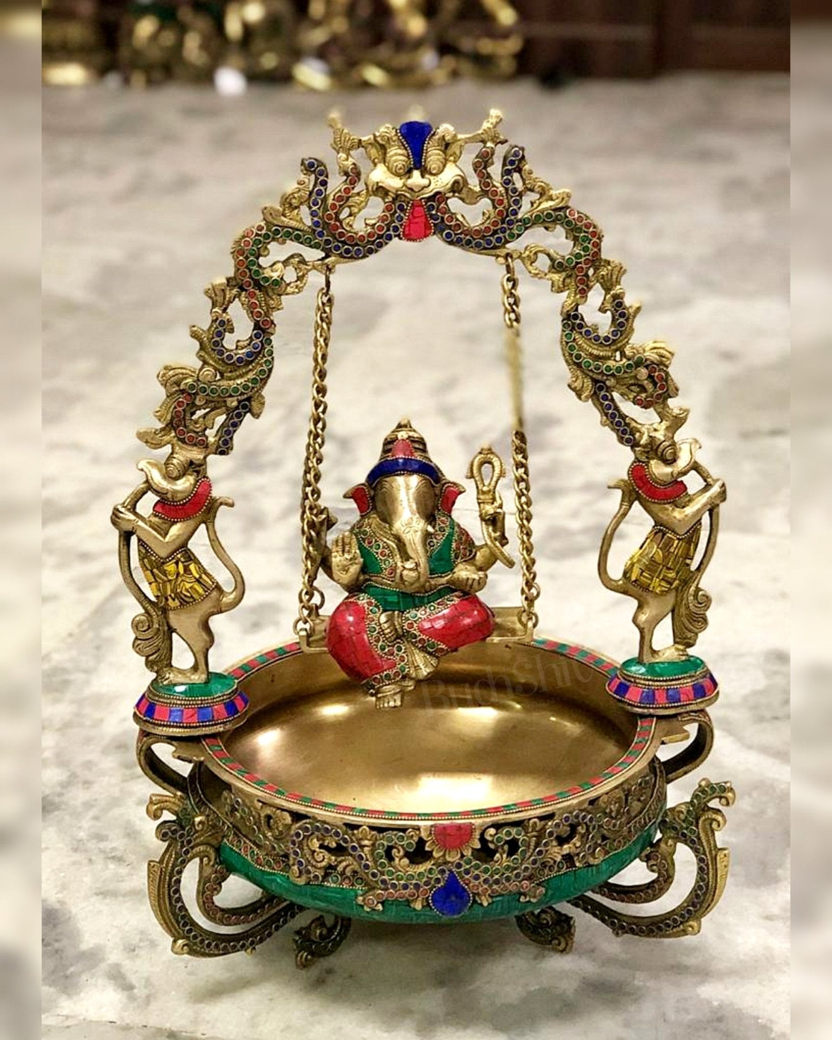Pure Brass Ganesha on Swing Urli - 21 inch